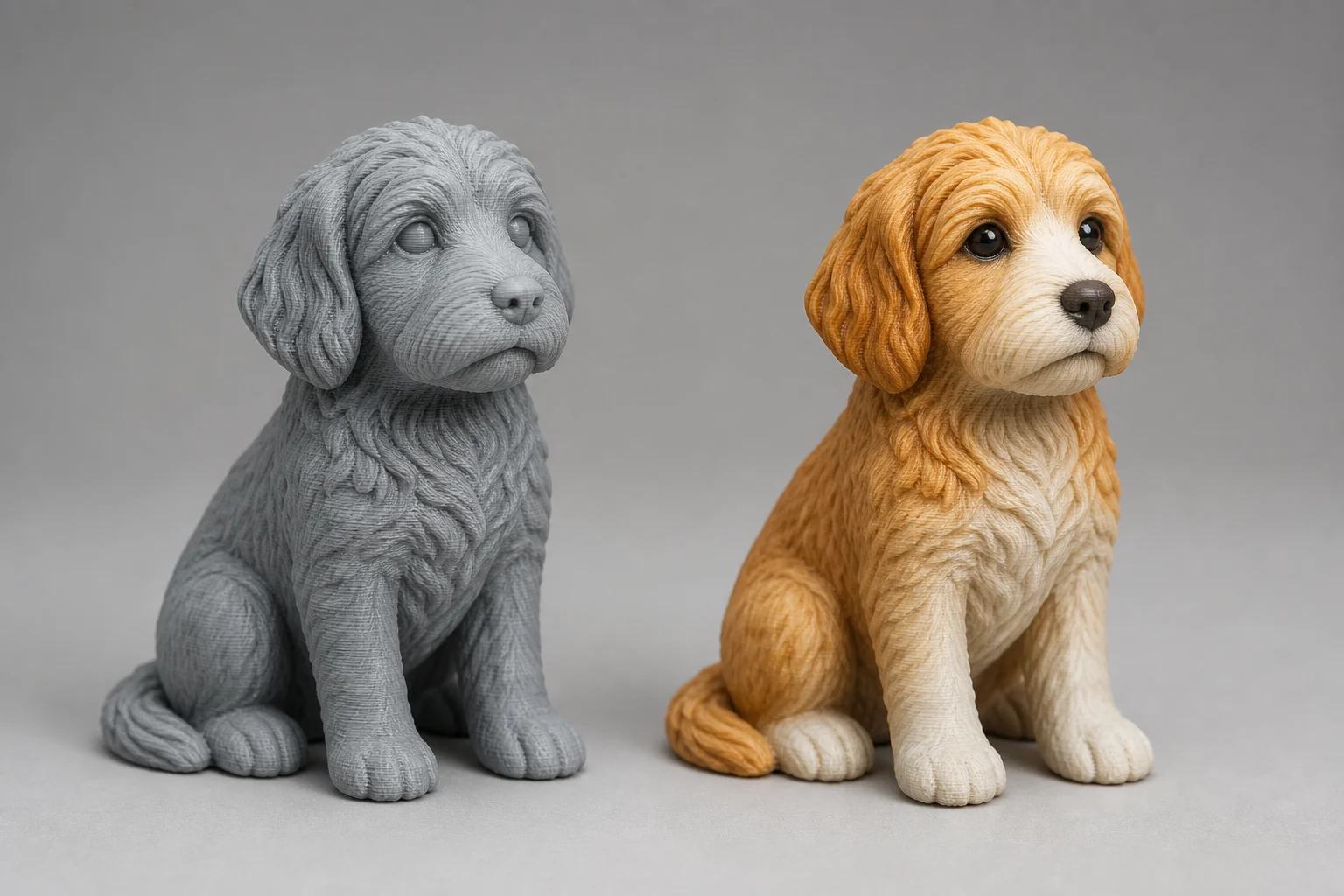 Full-color 3D printed figurine next to a monochrome print
