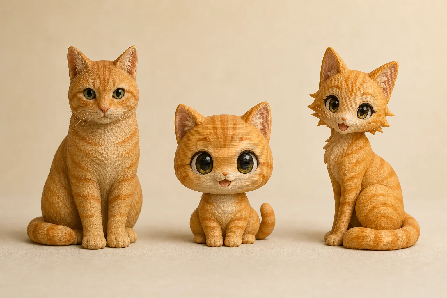 Three style previews of the same cat figurine: realistic, chibi, anime