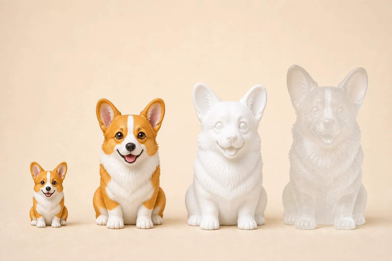 Custom figurines in different sizes and materials lined up