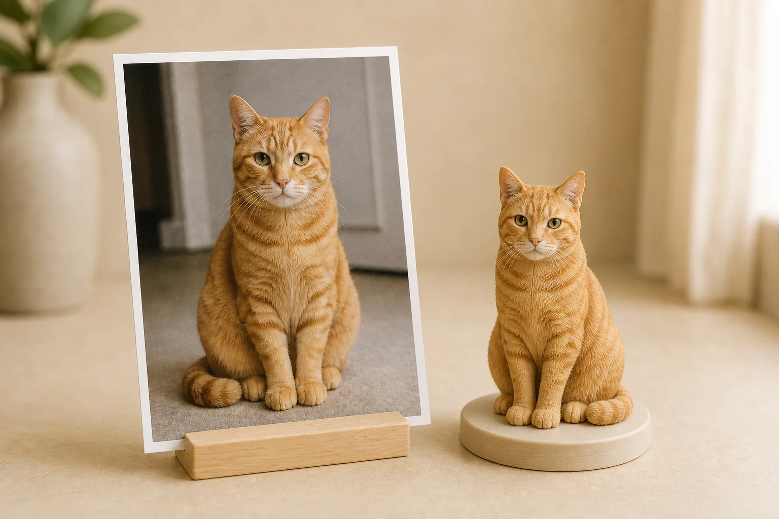 A pet photo next to its matching full-color 3D printed figurine